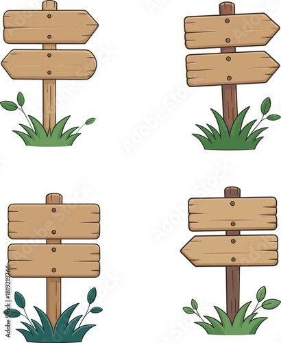 Cartoon wooden signpost collection, blank direction boards, rustic arrow signs, outdoor navigation design, nature trail signage illustration, vector set graphic