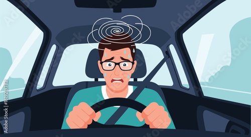 Distressed man wearing glasses driving a car with a worried expression and sweat beads.
