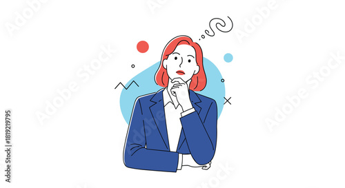 Businesswoman in a blue suit thinking with a question mark above her head, illustration.