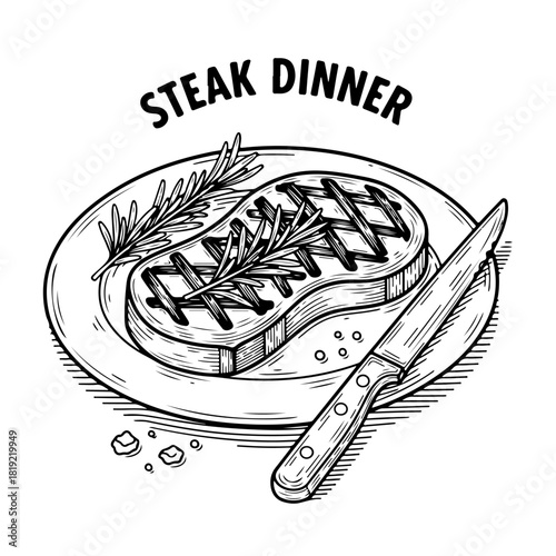 Hand-drawn black and white illustration of a grilled steak dinner on a plate with rosemary garnish and a knife.