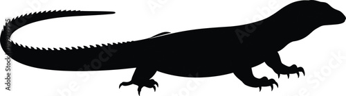Komodo dragon silhouette, monitor lizard vector, large reptile illustration, black animal shape, isolated side view, predator.