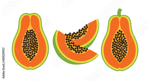 Illustrative depiction of sliced papayas and a whole papaya fruit