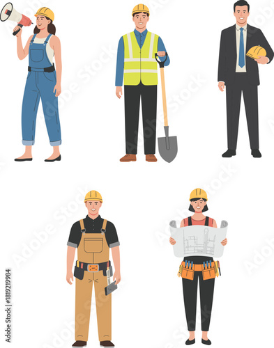 Construction workers team illustration, engineer and builder characters, safety equipment, architecture planning concept, professional labor workforce vector design