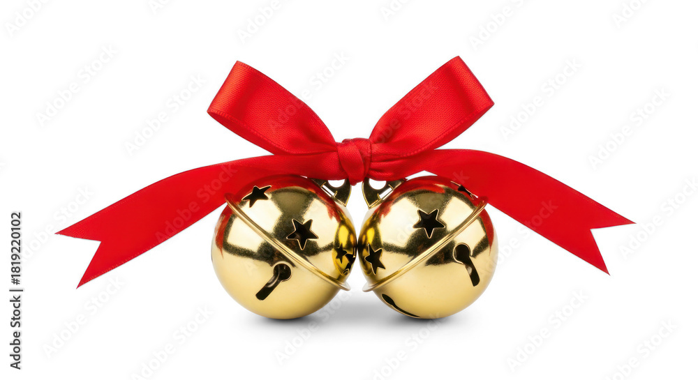 Naklejka premium Two gold jingle bells with red ribbons tied around them, against a white background.
