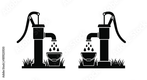 Two black and white illustrations of vintage water pumps dispensing into buckets