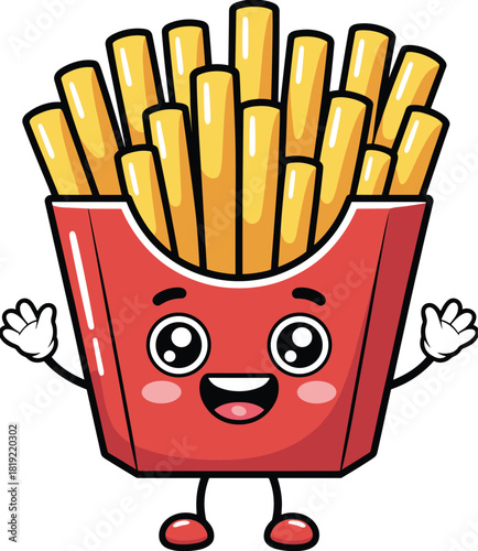 Cute cartoon french fries mascot, happy smiling fast food character illustration, adorable snack design for kids menu marketing, promotion, branding