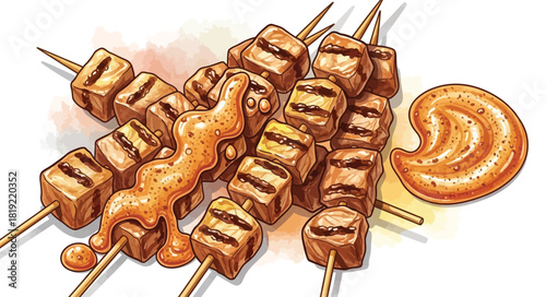Delicious Grilled Meat Skewers with Sauce and Cashew.