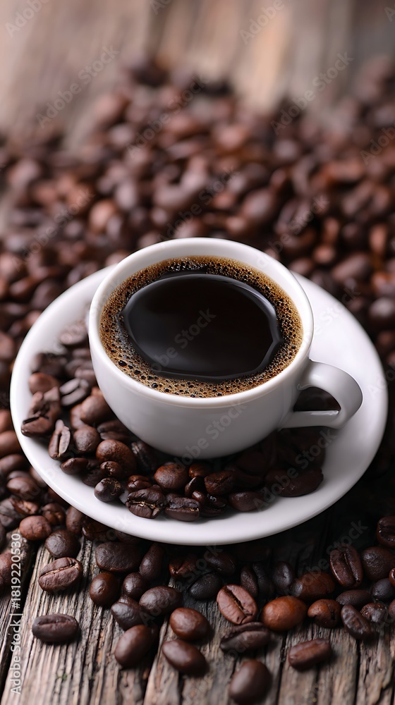 Fototapeta premium Aromatic coffee cup surrounded by roasted beans on rustic wood offers a comforting, energizing start to the day