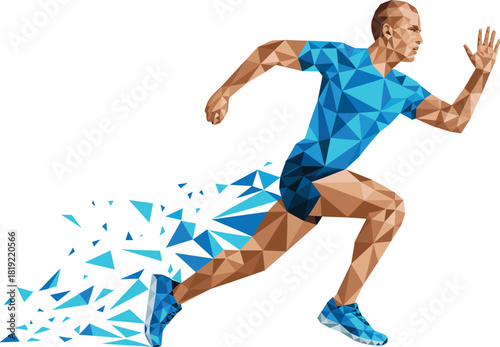 Dynamic low poly runner athlete illustration, geometric sports design, fast sprint motion, energy fragments, modern fitness artwork vector concept background