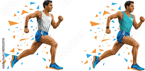 Dynamic low poly runner athlete illustration, geometric sports design, fast sprint motion, fitness training concept, modern vector artwork background