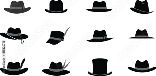 Black and gray hats, fashion headwear, stylish silhouettes, vintage brim styles, modern crown shapes, decorative accessories, costume design elements, illustration grid