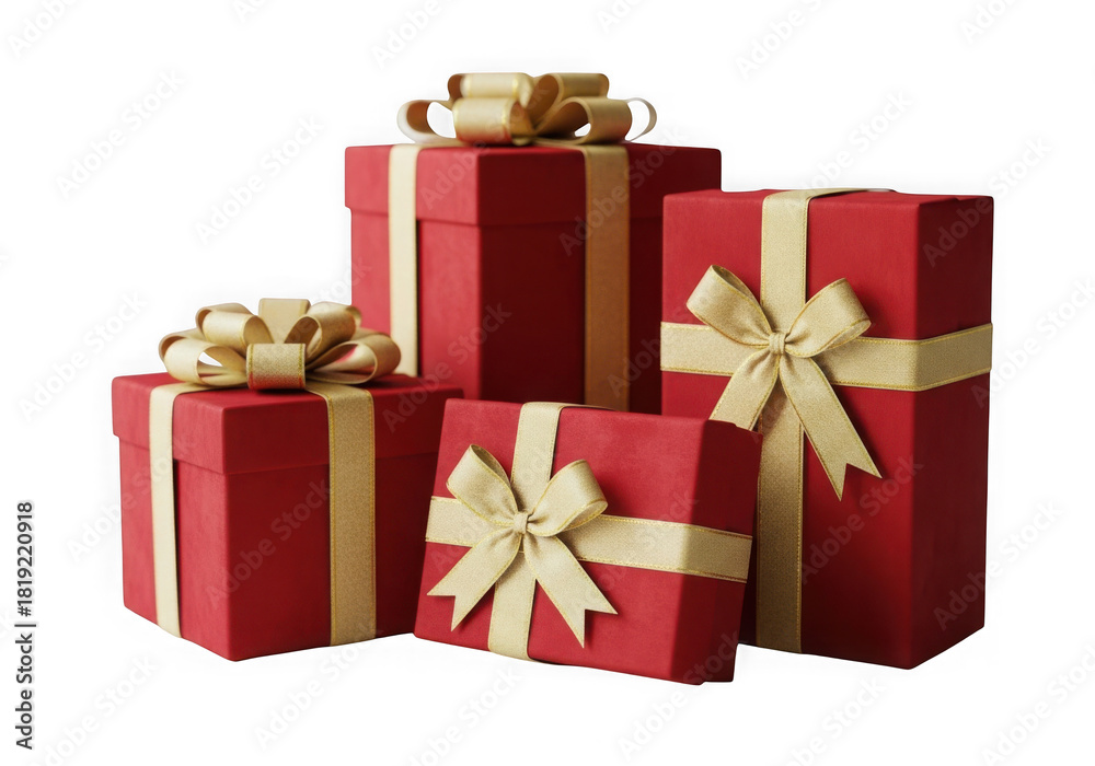 Obraz premium A collection of festive red gift boxes with gold ribbon and bows, perfect for christmas or birthdays