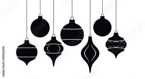 Black and white illustration of hanging christmas ornaments in various shapes