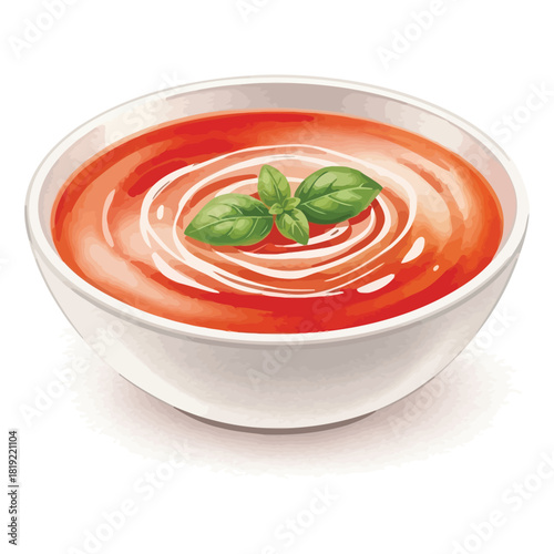 Delicious Tomato Soup with Cream Swirl and Basil Garnish.