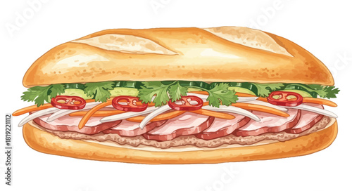 Delicious Vietnamese Banh Mi Sandwich Filled with Meats and Vegetables.