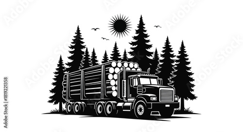 A logging truck transports a full load of timber through a dark forest