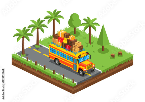 An isometric yellow school bus, heavily laden with a towering stack of cardboard and gift boxes on its roof rack, travels along a road across a floating tropical island featuring palm trees and a pine