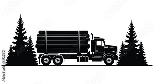 Black and white illustration of a logging truck with pine trees