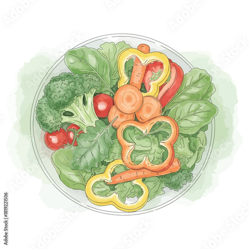 Fresh colorful salad with various vegetables in a transparent bowl.