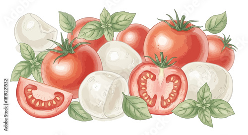 Fresh Ripe Tomatoes with Mozzarella and Basil Leaves Illustration.