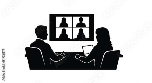 Silhouette of people attending a video conference or virtual meeting indoors