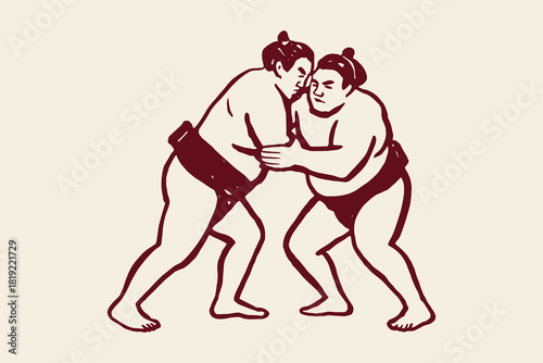 Sumo wrestlers grappling, bold sketch line art vector illustration