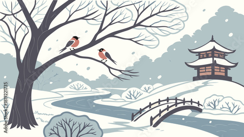 Winter scene featuring birds on a tree branch with a pagoda and bridge in a snowy landscape view