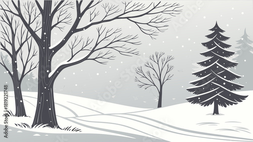 Winter scene with bare trees and snow covered ground under a gray sky with falling snowflakes view