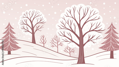 Illustration of a winter landscape with bare trees and snow falling on a light pink background