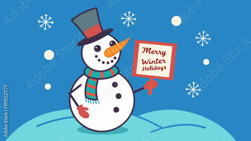 Cartoon snowman with top hat and scarf holding a merry winter holidays sign in a snowy scene scene