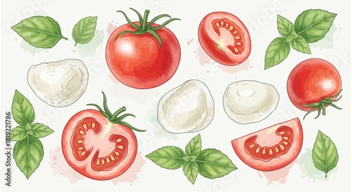 Fresh tomatoes basil and mozzarella ingredients for caprese salad.