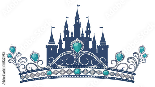 Enchanting fairy tale castle silhouette embraced by a jeweled crown, perfect for fantasy designs, invitations, or whimsical branding, originally vector graphics