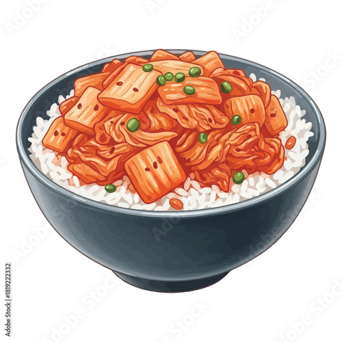 Illustrated bowl of traditional Korean kimchi over steamed white rice.