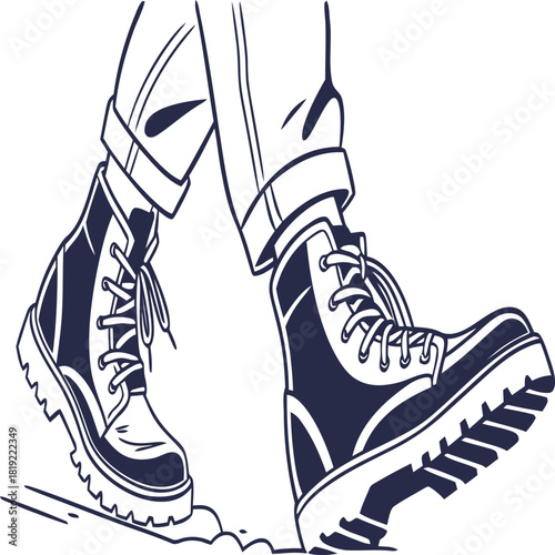 Close up of person walking wearing heavy duty lace up combat style boot and rolled up military trouser leg isolated on white background