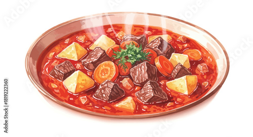 Hearty beef stew with potatoes and carrots illustration.