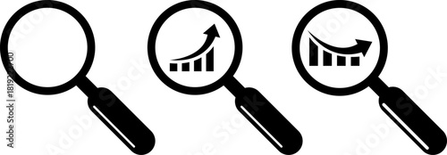 Magnifying glasses inspecting upward and downward bar graphs