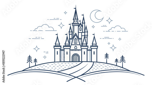 Whimsical dreamy castle illustration under a crescent moon for fairy tale designs and creative projects, a touch of magic for your imagination
