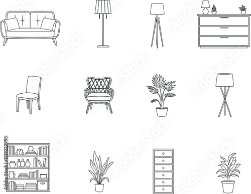 Modern furniture line art collection, sofa, chairs, lamps, plants, bookshelf, dresser, minimalist interior decor illustration for home design