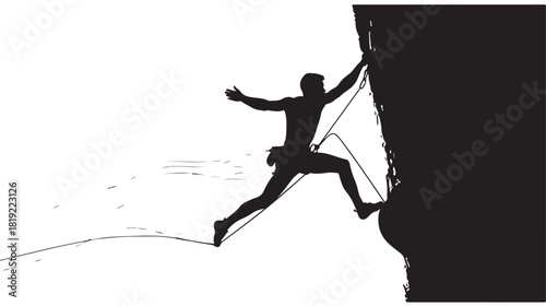 Dynamic silhouette of rock climber ascending steep cliff, embodying strength and determination, perfect for adventure, fitness or motivational content, inspiring challenges overcome