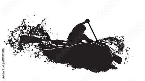 Dynamic silhouette of a kayaker paddling through whitewater rapids, a powerful image of adventure and outdoor sport, perfect for travel and adrenaline fueled projects