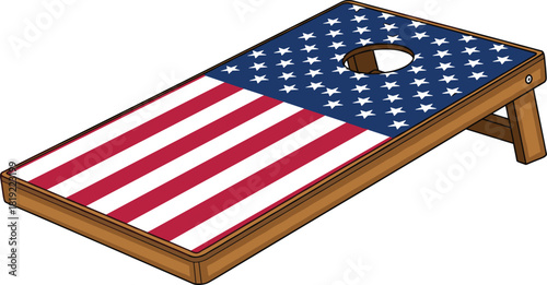 American flag cornhole board illustration, patriotic outdoor lawn game design, USA backyard recreation, summer party activity, sports equipment graphic
