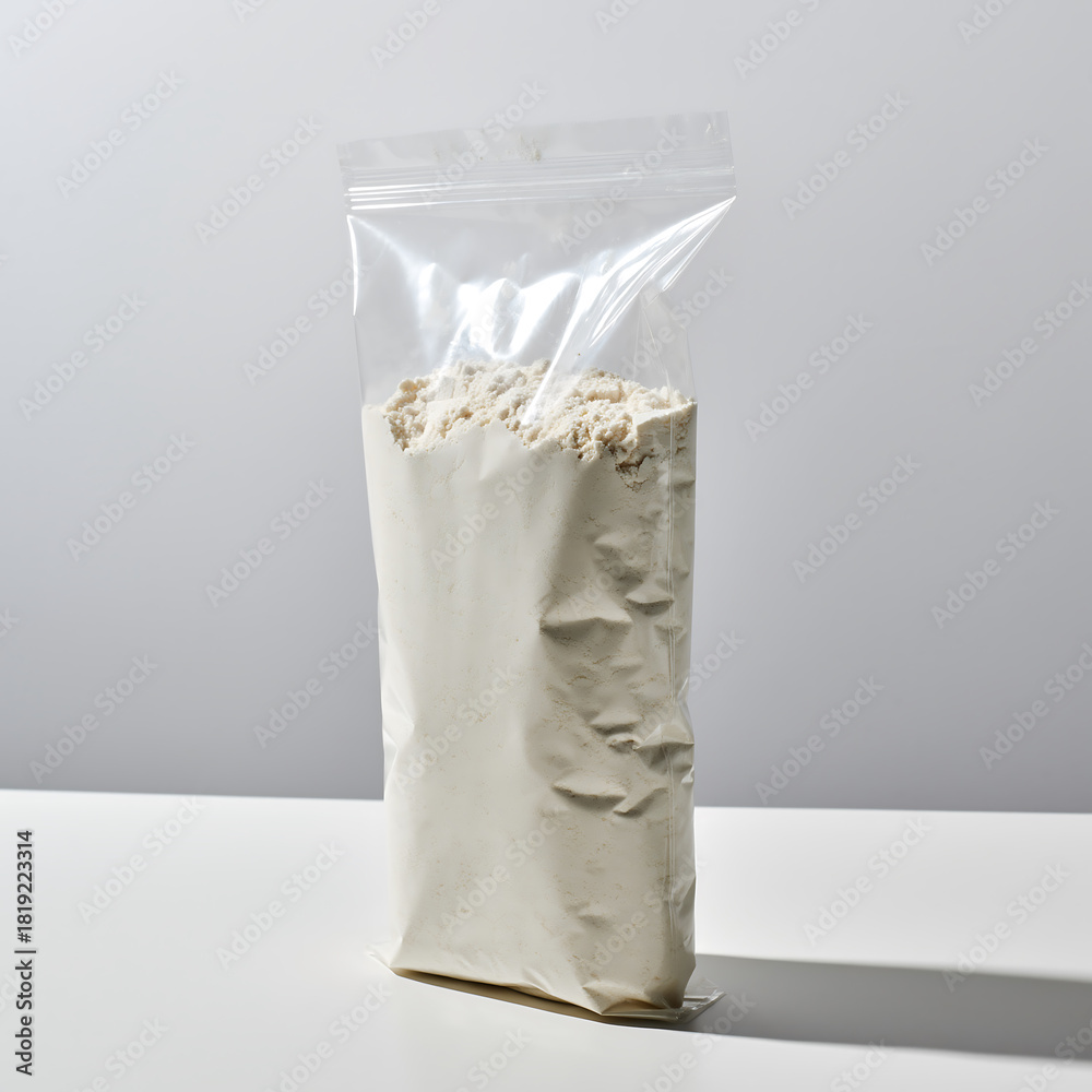 Naklejka premium A clear resealable plastic pouch filled with a fine white powder, standing upright on a clean surface as a product packaging mockup