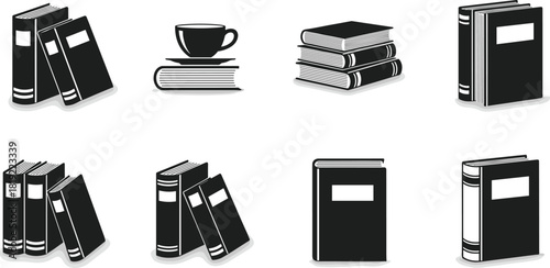 Book illustration set, stacked and standing books, cup on books, black and white design, reading icons, literary concept