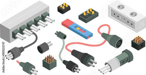 Isometric electrical connector set featuring power plugs, sockets, cable terminals, wiring components, adapters, testing device, industrial electrical accessories collection