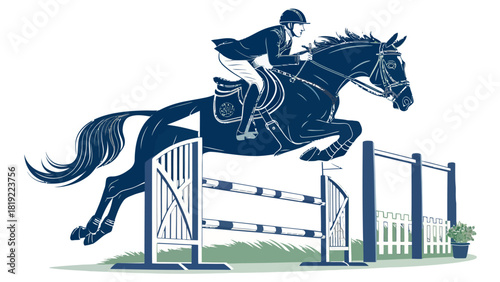 Elegant equestrian sport scene showing a skilled rider on horse jumping over hurdle, captured in dynamic vector style for sports enthusiasts and event promotion