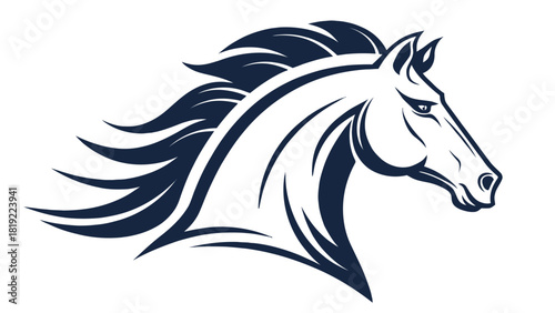 Powerful horse head illustration with flowing mane, perfect for sports team logo or brand mascot, conveying strength and speed in a modern design