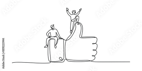 Continuous line drawing of people achieving success on a like symbol