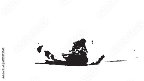 Dramatic black and white silhouette of snowboarder carving fresh powder on mountain slope, action sports freedom, extreme winter adventure, adrenaline rush, snowy landscape, active lifestyle