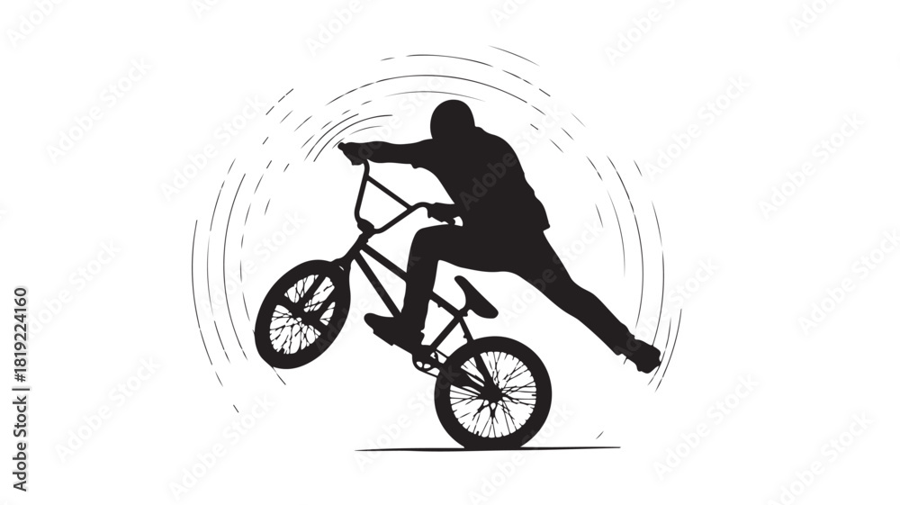 Fototapeta premium Dynamic silhouette of a BMX rider performing a thrilling freestyle stunt, conveying energy and excitement, perfect for sports branding and extreme sports advertising, action packed adrenaline rush