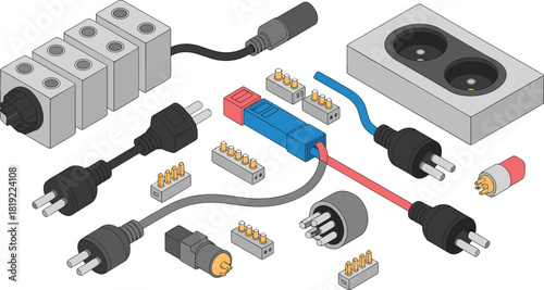 Isometric electrical connector set featuring power plugs, sockets, cable terminals, wiring components, adapters, testing device, industrial electrical accessories collection